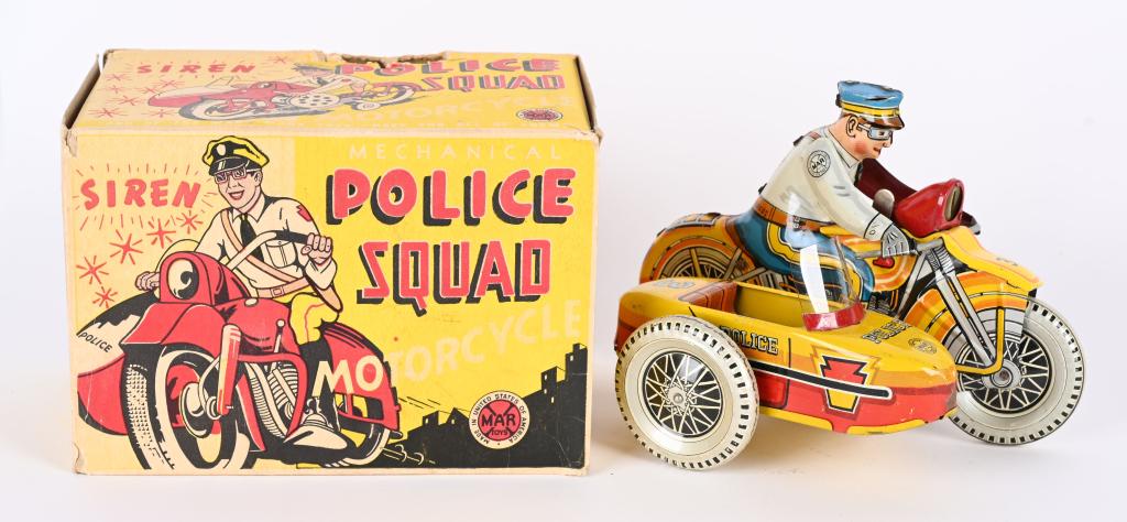 MARX TIN WINDUP POLICE SQUAD MOTORCYCLE w/ BOX: All original with nice colors. Windup works. With Box. 8" Excellent