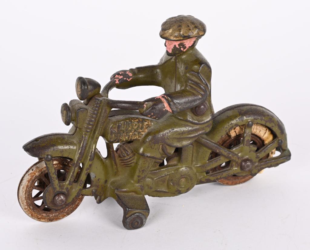 HUBLEY HARLEY DAVIDSON CIVILIAN MOTORCYCLE: All original with nice paint. Green color. No breaks or repairs. Tires mostly gone 6" Very Good