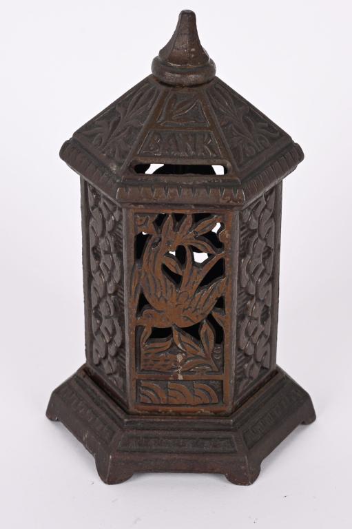 FLORAL HEATER CAST IRON STILL BANK: All original with nice finish. No breaks or repairs. 6 1/2" Excellent