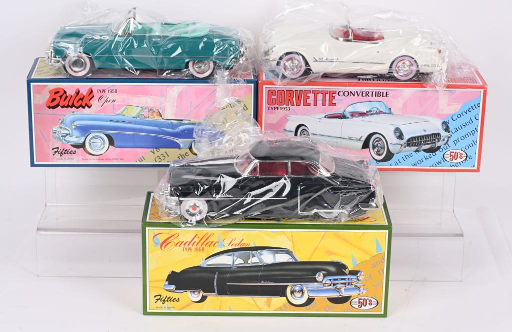 3- 50s JAPAN TIN FRICTION CARS w/ BOXES (1 of 2)