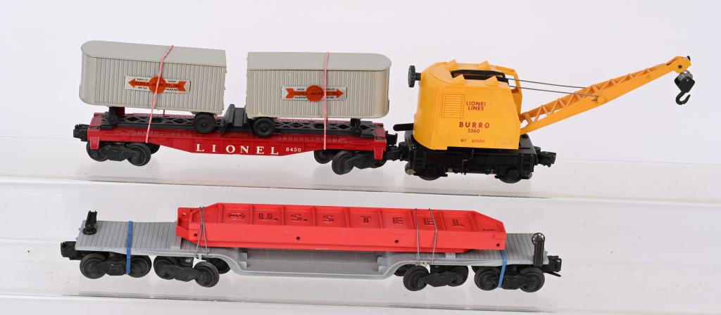 LIONEL 3360 BURRO, 6418 STEEL FLAT CAR, & 6430: Includes 3360 Burro, 6418 Flat Car with Steel, and 6430 Flat Car with Trailers. Excellent