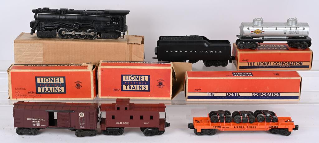 LIONEL 681 STEAM TURBINE & TENDER w/ CARS: Includes 681 Steam Turbine with Tender. Plus 6362 Rail Truck Car, 6465 Tank Car, 6454 PRR Box Car, and 6454 Caboose all Boxed. Excellent