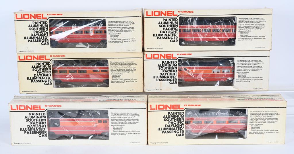 6 LIONEL SOUTHERN PACIFIC ALUMINUM PASSENGER CARS: Includes 6-9589 Baggage Car, 6-9590 Combo Car, 6-9591 Passenger Car, 6-9592 Passenger Car, 6-9593 Observation Car, and 6-7204 Dining Car. All like new Boxed