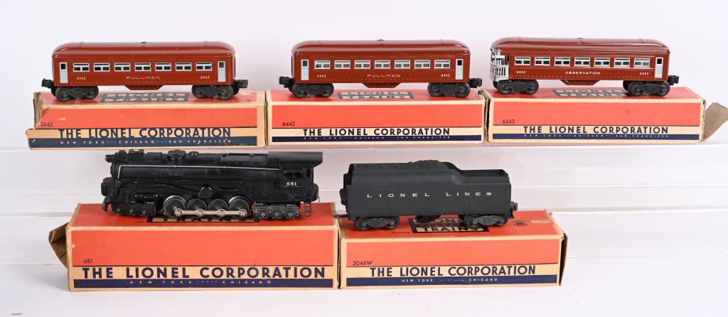 LIONEL 681 LOCO & TENDER w/ PASSENGER CARS: Includes 681 Locomotive, 2046W Tender, 2442 Illuminated Pullman Car, 6442 Illuminated Pullman Car, and 6443 Illuminated Observation Car. All Boxed. Excellent
