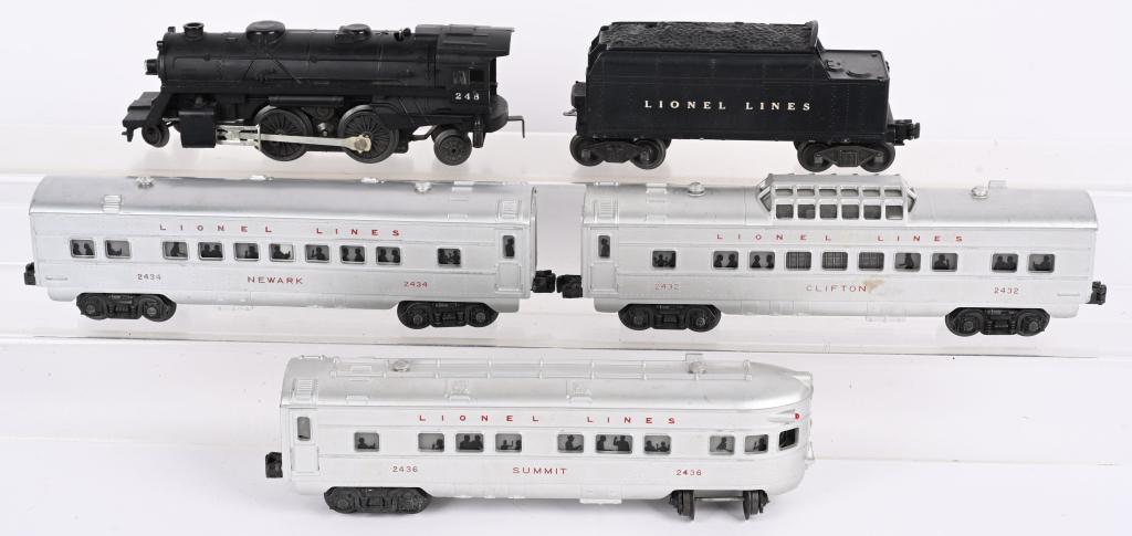 LIONEL 248 LOCO & TENDER w/ PASSENGER CARS: Includes 248 Locomotive and 6466W Tender. Plus 2432, 2434, and 2436 Passenger Car. Excellent