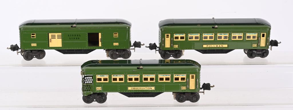 LIONEL PREWAR STATE GREEN PASSENGER CARS: Includes 2613 Pullman car, 2614 Observation car, and 2615 Baggage car. Excellent