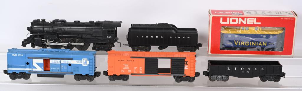 LIONEL 646 LOCOMOTIVE & TENDER w/ FREIGHT CARS: Lionel 646 Locomotive & Tender with 3530 Electromobile Car, 646825 Box Car, 10002 Gondola, and 6-9175 Caboose with Box. Excellent