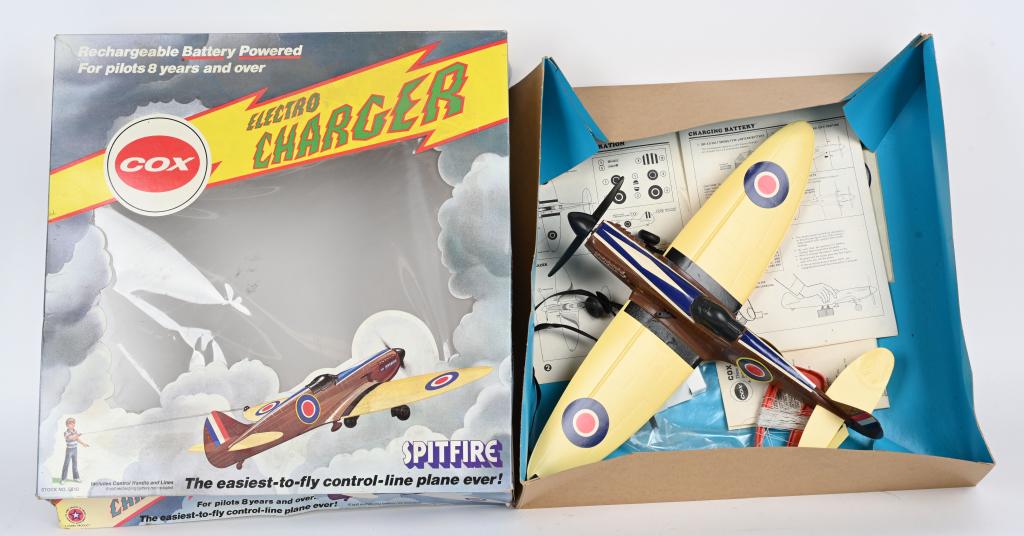 COX ELECTROCHARGER SPITFIRE AIRPLANE MIB: Cox Electrocharger Spitfire Airplane. New in the box. 15"