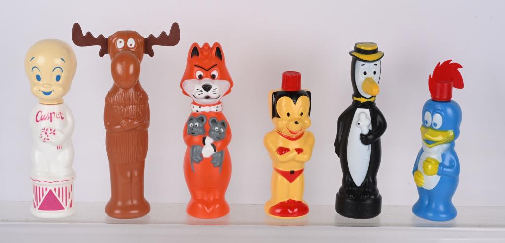 6- VINATGE SOAKY BOTTLES: Includes Bullwinkel, Casper, Woody Woodpecker, Tennessee Tuxedo, Mr Jinx with Pixie & Dixie, and Mighty Mouse. All in great condition