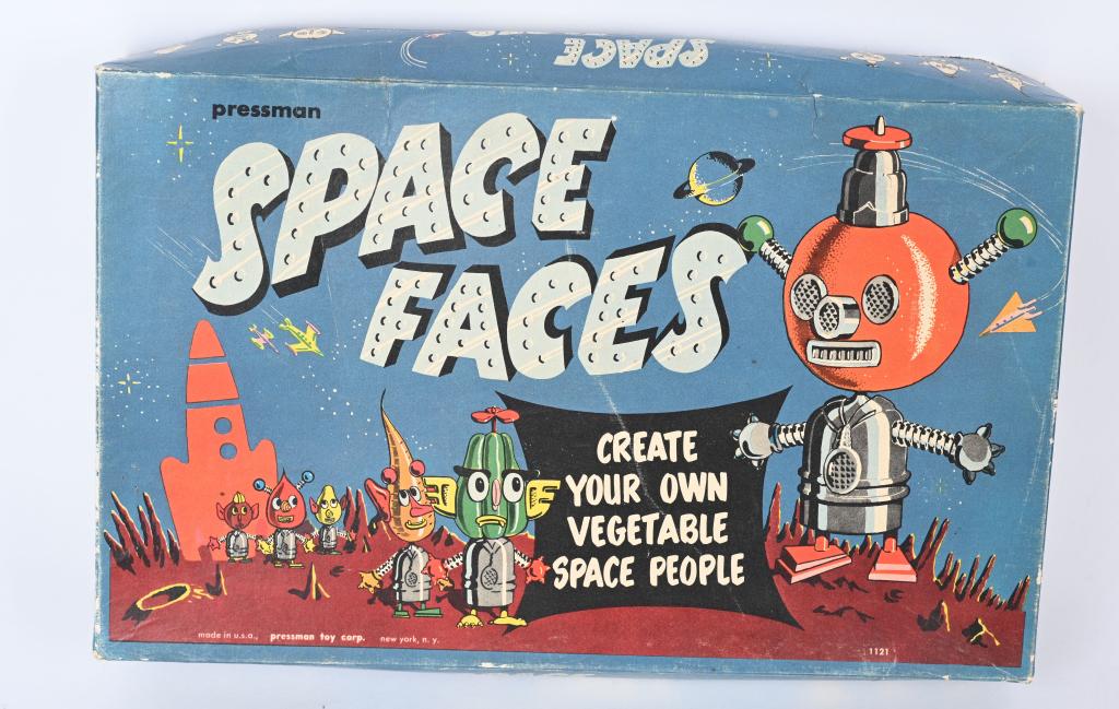 PRESSMAN SPACE FACES w/ BOX: Pressman Space Faces. An unusual version of Mr Potato Head that makes Robot Space People. Looks to be mostly complete. Boxed