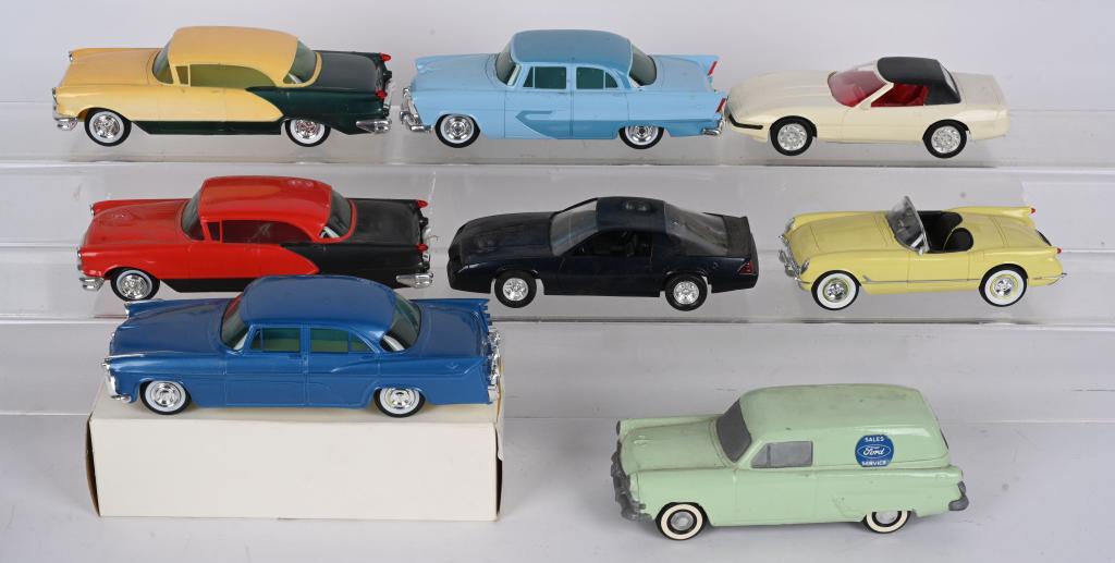8- PROMO CAR MODELS: Varied lot includes 2 1956 Oldsmobiles, Plymouth sedan, 1982 Camaro Z28, Corvettes. a Wheats Nostalgia diecast Ford delivery truck, and more. Most are contemporary models. Condition varies. AS IS