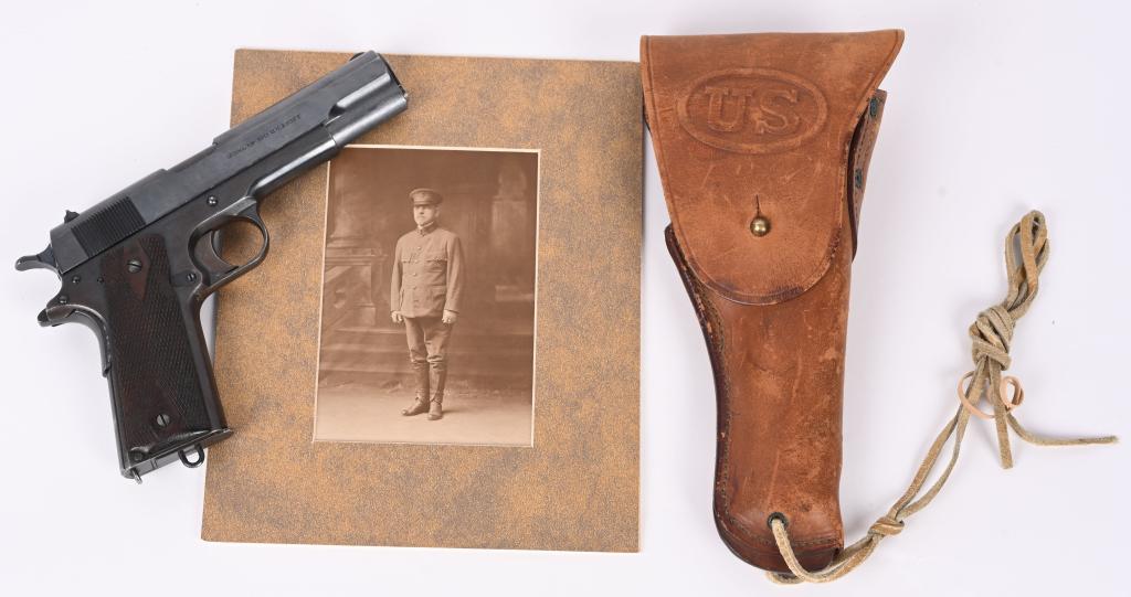 IDENTIFIED WW1 1911 .45 SEMI AUTOMATIC PISTOL: SERIAL NUMBER 1526. BARREL: 5". CALIBER: .45 ACP. MANUFACTURED: 1918. This gun was owned LT Col. Lewis Stone Sorley III, and was carried by both Col. Lewis Stone Sorley II and Col. Lewis Stone Sorley 