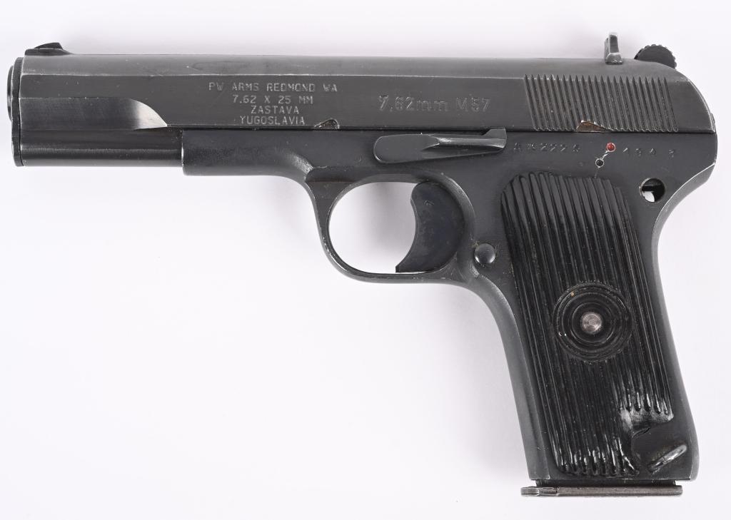 WWII RUSSIAN TOKAREV YUGO REISSUE PISTOL: SERIAL: AX2225 BARREL: 4.5" CALIBER: 7.62x25 TOKAREV. This is a World War II Russian Red Army issue T-33 Tokarev pistol, dated 1943 with what appears to be original Russian grips. After World War II w