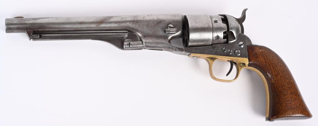 EARLY 4 SCREW COLT MODEL 1860 ARMY REVOLVER: SERIAL NUMBER 18136 BARREL 8" CALIBER .44 PERCUSSION MANUFACTURED 1861. Originally blue and case color finish with?oil finished one piece walnut grips with proper martial inspection on lower left side