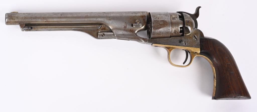 CRISP MARTIAL COLT MODEL 1860 ARMY REVOLVER: SERIAL 144270. CALIBER 44. BARREL 8". MADE IN 1863. Standard US issue circa Gettysburg battle. Matching serial number on barrel, wedge, trigger guard, back strap and frame. Matching but faint number o