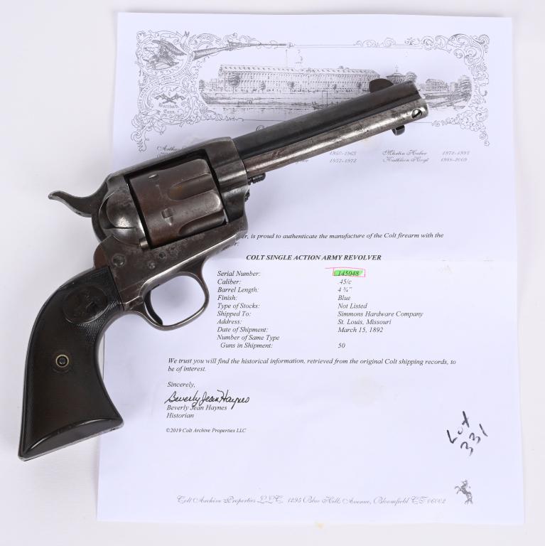 FINE BLACK POWDER COLT SAA REVOLVER 1892: SERIAL 145048. BARREL 4 3/4". CALIBER .45 COLT. MADE IN 1892. Colt states this gun shipped on March 15, 1892 to Simmons Hardware Co of St. Louis as a blued 4 3/4" .45 (standard gun) . Formed in 1874, 