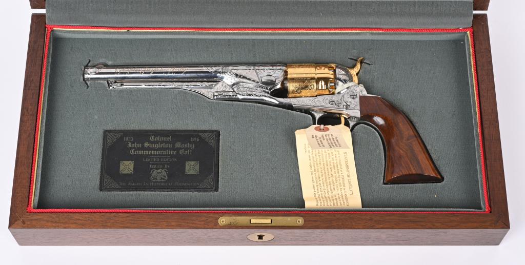 CASED & ENGRAVED COLT 1860 ARMY REVOLVER 15/150: SERIAL 213031S. BARREL 8". CALIBER 44. Genuine Colt 1860 special edition put out by American Historical Foundation commemorates Col. John Singleton Mosby (Gray Ghost) Nickel plated with gold cylinder,