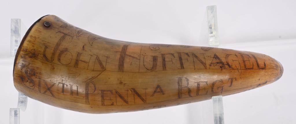 REV. WAR 1778 6TH PENN . REGT CARVED POWDER HORN.: Beautifully carved priming horn that reads " John Huffnagel Sixth PennA Regt COMny of Cap J. Mauser in the yr. 1778 A.D. The last third of the horn is carved with twin birds, hearts and flora. Horn me