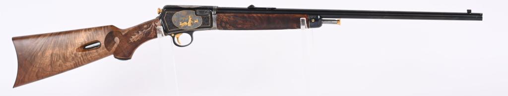 MASTER ENGRAVED GOLD INLAY WINCHESTER MODEL 1903: SERIAL 111267. BARREL 20". CALIBER .22 WIN. RF. MADE IN 1925. This is one of three master engraved in almost the same manner and design, each a little bit different. All are stocked with oil finish, p