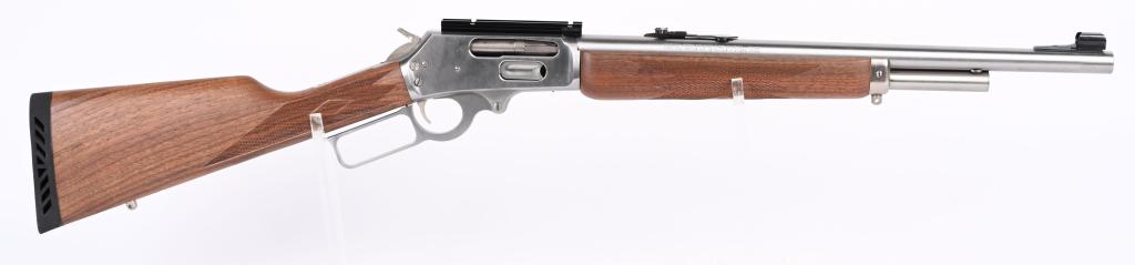 MARLIN MODEL 1895GS LEVER ACTION RIFLE: SERIAL 98033650. BARREL 18". CALIBER 45-70. Stainless steel construction. Features round barrel, hooded front sight, half magazine, stainless finish, folding adjustable rear sight, checkered walnut st