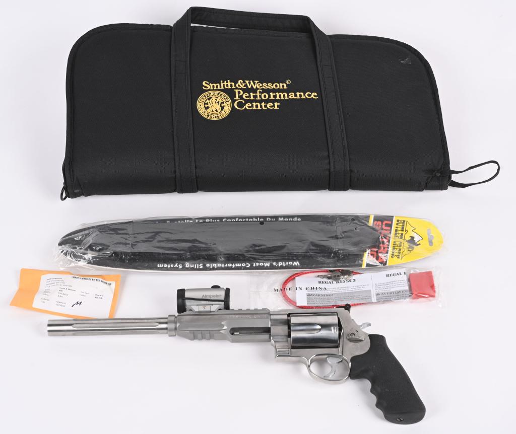 SMITH & WESSON PERFORMANCE CENTER M460 HUNTER: SERIAL NUMBER CVC6454 BARREL 12" CALIBER .460 S&W MANUFACTURE 2014. Produced by Smith & Wesson through their Performance Center. 12" fluted barrel with integral scope rail Built on the "X" frame and c