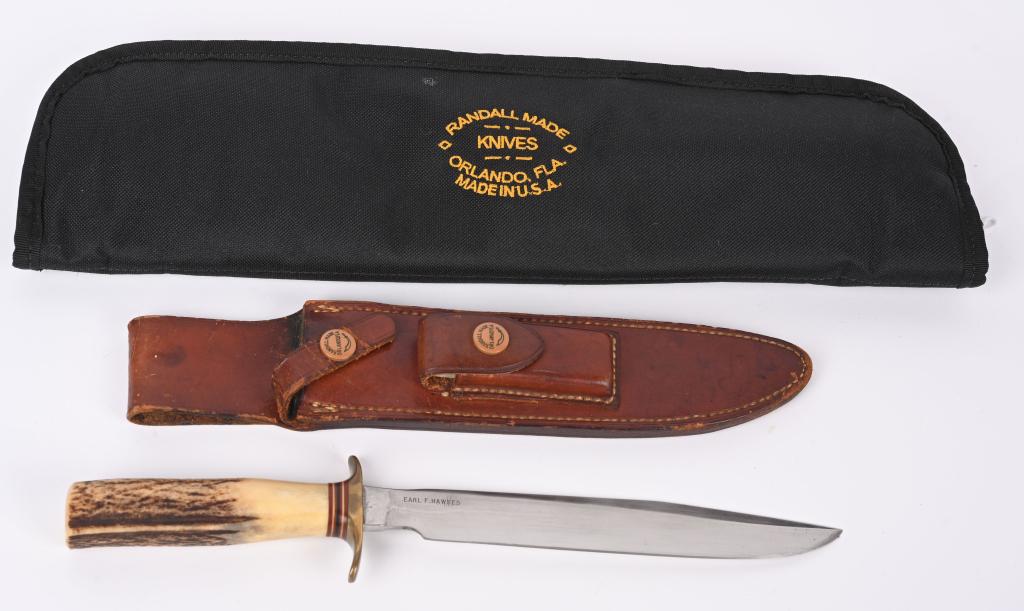 RANDALL MODEL 1 ALL PURPOSE FIGHTING KNIFE: 8" carbon steel blade with double brass guard, fiber spacers and Indian stag handle. Left side of blade marked "RANDALL MADE ORLANDO, FLA." right side factory marked "EARL F. HAWKES". Housed in Jim St
