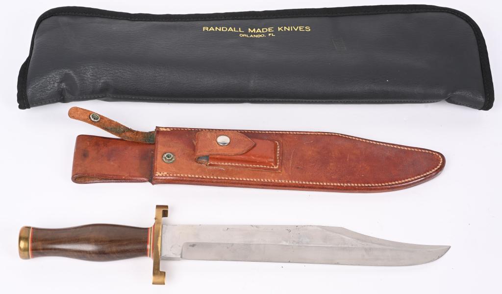 SPL, ORDER RANDALL CONFEDERATE BOWIE KNIFE: 11" carbon steel blade with Randall touch mark on left side. Lugger double brass guard with concave walnut handle with contoured polished brass butt cap. Johnson rough back scabbard with grey stone. C