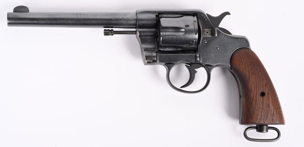 COLT MODEL 1903 ARMY .38 D.A. REVOLVER: SERIAL NUMBER 201857 BARREL 6" CALIBER .38 COLT MANUFACTURED 1903. Blue finished with smooth walnut grips and lanyard swivel on butt. R.A.C. US Military inspection and J.T.T. sub-inspections. CONDITIO