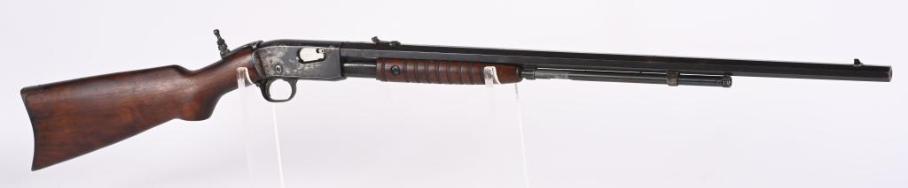 REMINGTON MODEL 12-C SLIDE ACTION .22 RIFLE: SERIAL 635798. BARREL 24". CALIBER 22RF. 1909-1936. Features octagon barrel, 2/3 magazine, Remington rear sight, tang sight, take down, blue finish, plain pistol grip walnut stock, grooved fore-arm, r