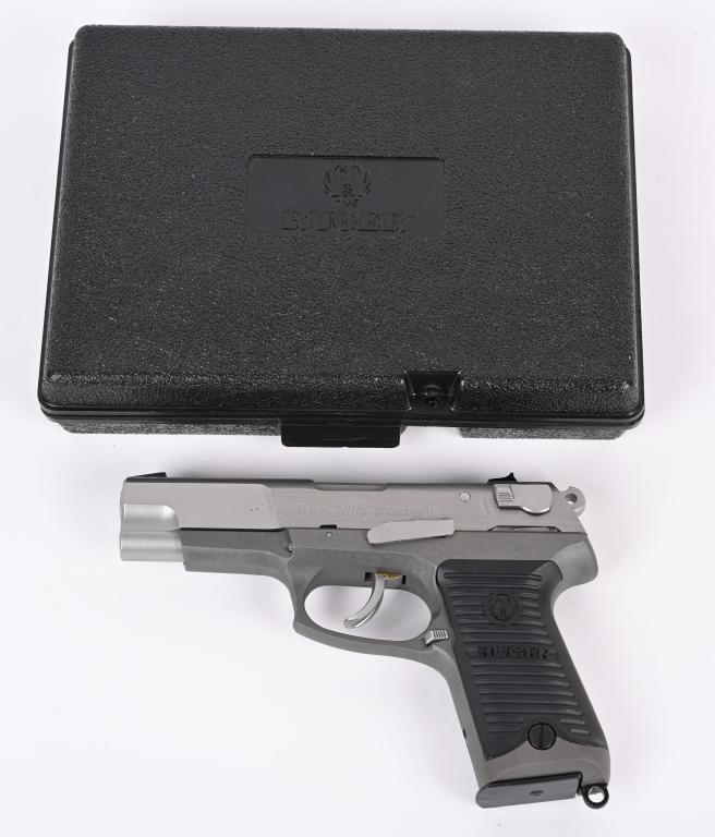 RUGER MODEL P89DC 9MM PISTOL: SERIAL NUMBER 302-73658 BARREL 4 1/4" CALIBER 9MM PARA MANUFACTURED 1991. Stainless steel slide with ally frame and synthetic grips. 2 factory 15 round magazines w/ loader. Decocking safety, operates 