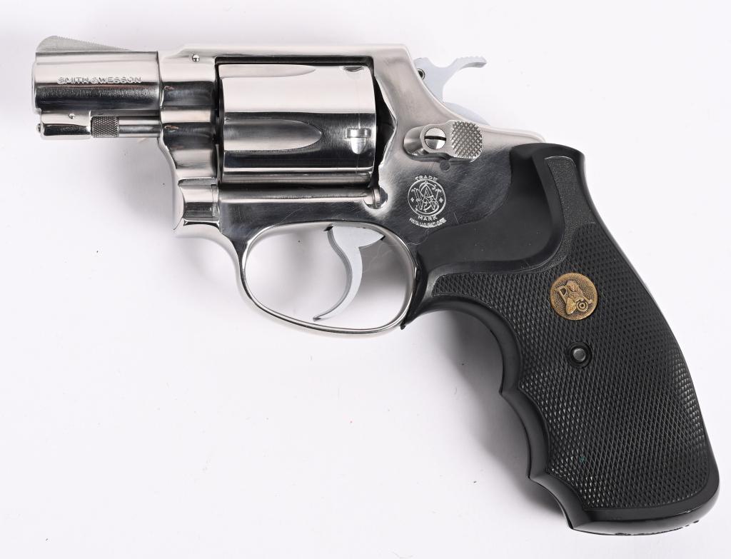 SMITH & WESSON MODEL 60 REVOLVER: SERIAL 36747. BARREL 2". CALIBER 38 SPECIAL. This was the first stainless revolver. Built on the round butt J-frame, 3-screw, pinned barrel, five shot, double action, fixed sights with Pachmyer grips.