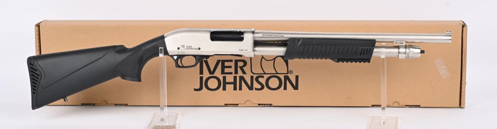 BOXED IVER JOHNSON PAS 12 SLIDE SHOTGUN: SERIAL 20E-14686. BARREL 18 1/4". GAUGE 12. CHAMBER 3". CHOKE CYL. LOP 14.5". Features alloy frame, brushed stainless finish, black polymer stocks, single front sight, Picatinny rail on fore-arm, slin