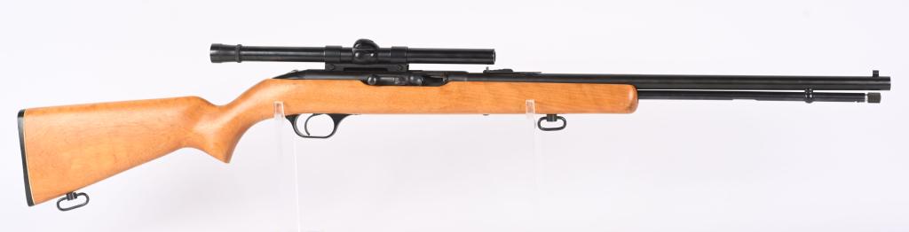 WESTERNFIELD SB 808C SEMI AUTO 22 RIFLE: SERIAL NSN. BARREL 20". CALIBER .22 RF. Features full loading tube, blue finish, plain pistol grip hardwood stock, swivels and wears a Weaver B-6 scope and mounts. Condition. Excellent with usual mino