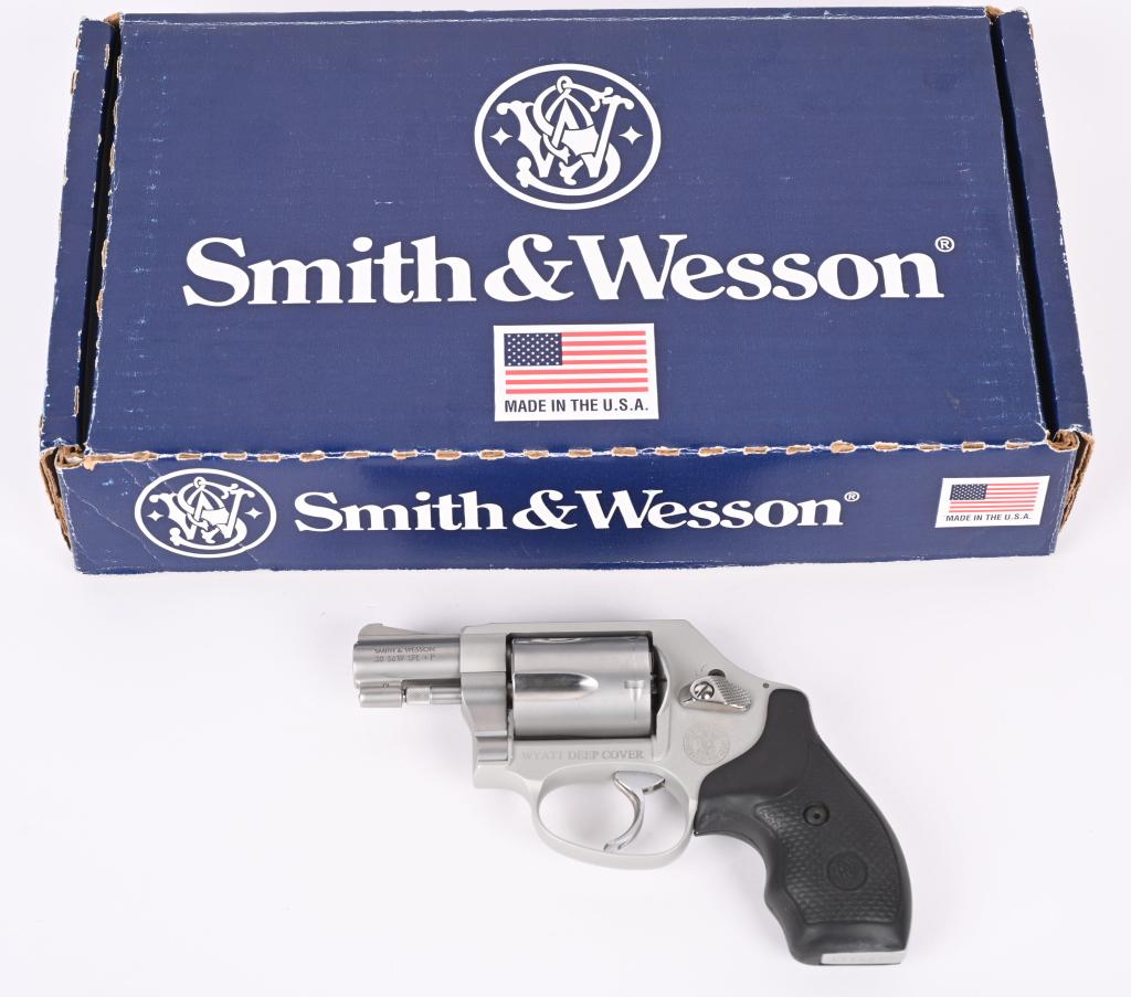 BOXED S&W 637-2 WYATT DEEP COVER REVOLVER: SERIAL CTY4679. BARREL 1 7/8". CALIBER 38 SPECIAL. Five shot, double action, alloy frame, satin stainless finish, rubber grips, fixed sights, concealed hammer. Condition. Shows light use with cylinder