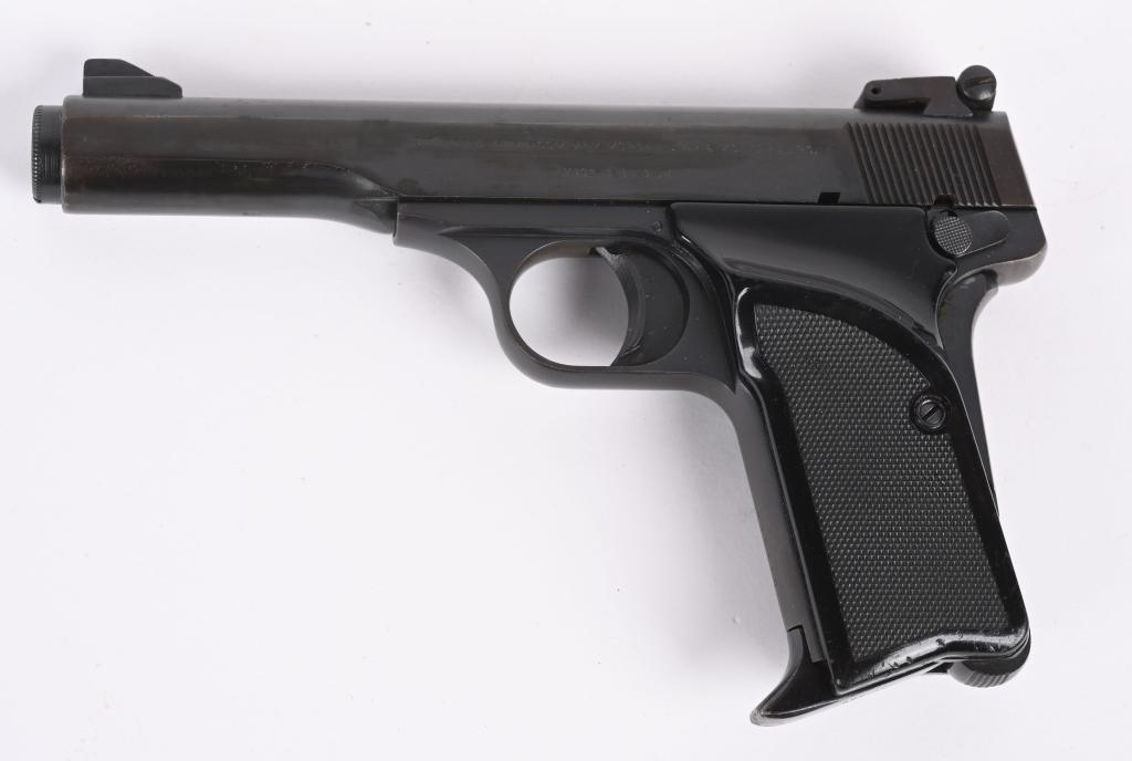 BROWNING MODEL 10/71 SEMI AUTOMATIC PISTOL: SERIAL NUMBER: 73N25110. BARREL: 4-1/2". CALIBER: .380 ACP. MANUFACTURED: 1973. Made in Belgium with standard markings on the left side of the slide. Blade front sight and adjustable u-notch rear. Fac