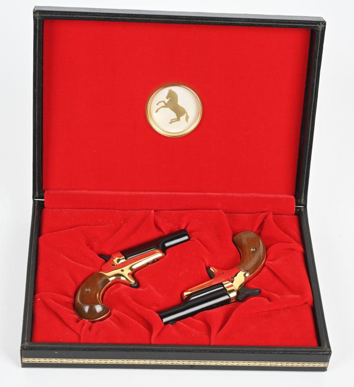 CONSECUTIVE PAIR OF COLT LORD DERRINGERS: SERIAL NUMBERS: 2629 DER, 2630 DER. BARREL LENGTHS: 2-1/2". CALIBER: .22 SHORT. MANUFACTURED: 1960's. Direct copies of the Colt Type III Derringer, with standard markings. Round barrel with blade fron