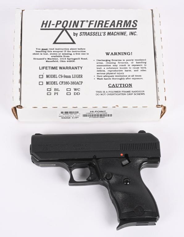 BOXED HI-POINT MODEL C-9 9MM PISTOL: SERIAL P10047580. BARREL 3.5" CALIBER 9MM. This pistol is designed around a particular concept: being an inexpensive and decent pistol. Everything from the design to the materials is to keep costs dow