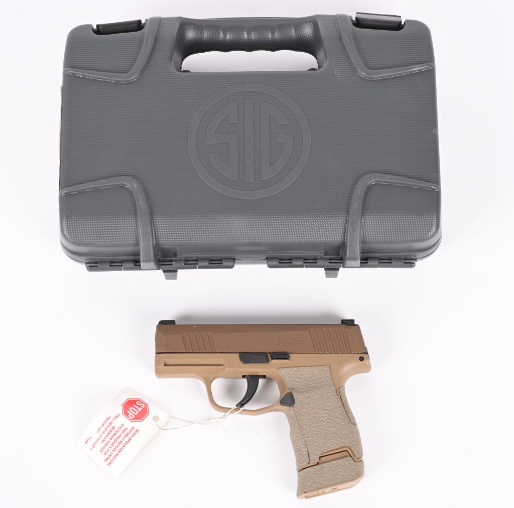 SIG SAUER P365 SEMI AUTOMATIC PISTOL: SERIAL: NRA000774. BARREL: 3". CALIBER: 9MM LUGER. MANUFACTURED: 2019. 3-dot sights, with the front sight being a blade and a u-notch rear. Coyote brown anodized slide and polymer frame, with coarse t