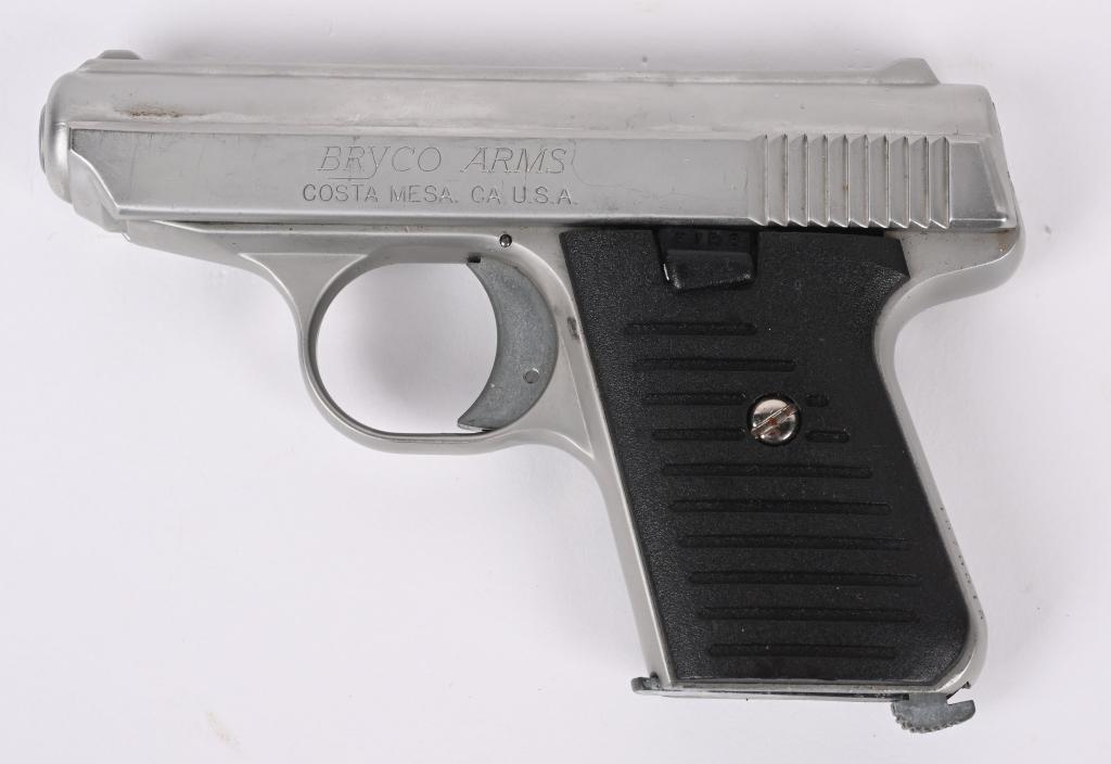 BRYCO SEMI AUTOMATIC PISTOL: SERIAL.,1070018. BARREL 2 1/4"CALIBER .22 RF. STAINLESS FINISH, semi auto, black grips. Condition Few handling marks but excellent. M