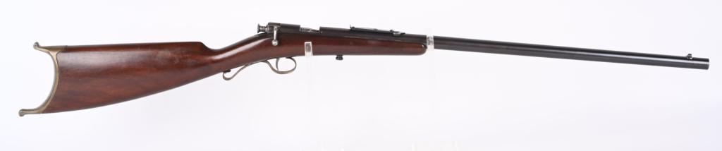 FINE SAVAGE MODEL 1905 SINGLE SHOT 22 RIFLE: SERIAL 43581. BARREL 22". CALIBER 22 RF. Schuetzen style swiss butt plate, walnut stock, Savage patent rear sight, blue finish, take down. Condition. Retains at least 95% blue just starting to plum. S