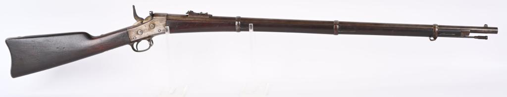 NEW YORK STYLE REMINGTON ROLLING BLOCK RIFLE: SERIAL NSN. BARREL 36" CALIBER 45-70. Profile of a New York model, same sights, ramrod and hammer but in 45, not 50 caliber, no US markings, no cartouche. just a B inspector stamp on left side of barr