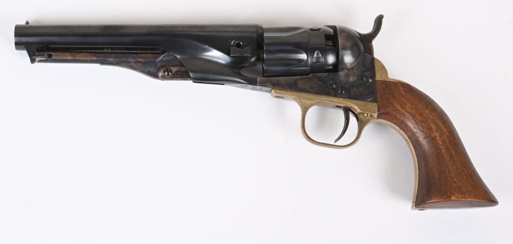 REPLICA COLT 1862 POCKET POLICE REVOLVER.: SERIAL 35055. BARREL 5.5". CALIBER .36. Made by ASM Armi San Marcos. Five shot, single action, blue and case color, fluted cylinder, brass straps, one piece walnut grips. Condition. Near mint with min
