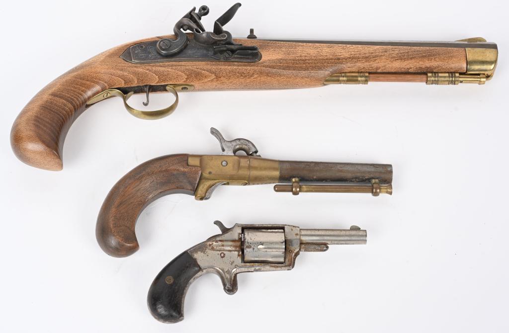 LOT (3) ANTIQUE HANDGUNS: A. Defender. 5-shot, 32rf. nickel finish. wood bird head grips. 70% nickel. Not working. B. Replica kit gun . Single shot, brass frame. Never finished. C. Replica Ky pistol. Made in Spain by Jukar. Ex