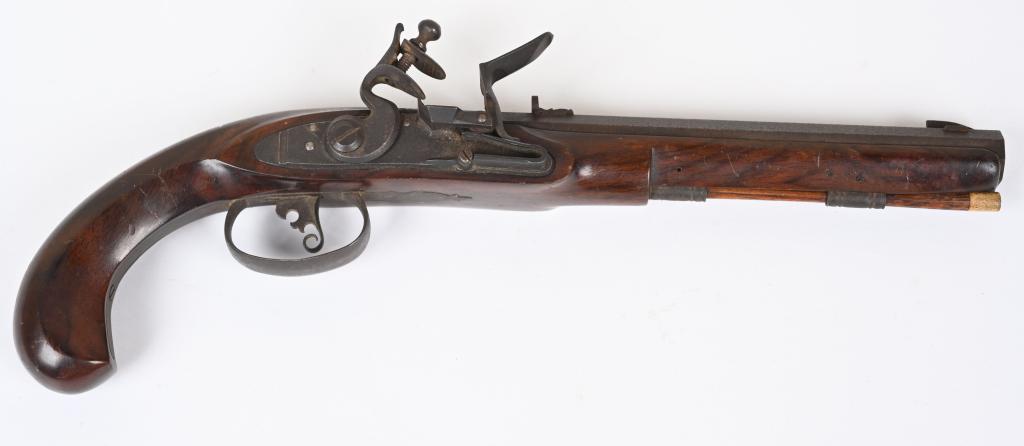CONTEMPORY SINGLE SHOT MARKED FLINT LOCK PISTOL: SERIAL NSN. BARREL 9". CALIBER .32. This gun was made in the last fifty years. Custom made flintlock signed R. J. Harn. Fine specimen has been crafted with a flint lock action but only one side plate 