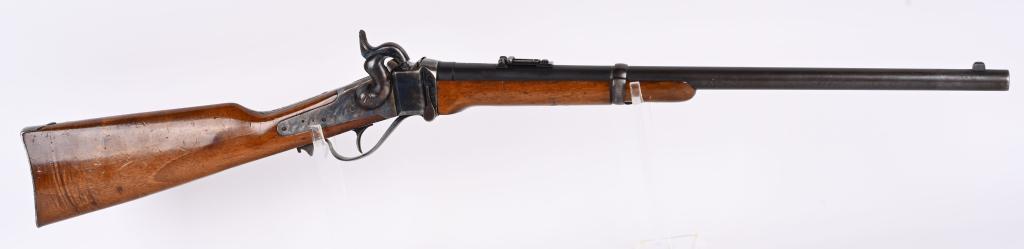 IAB REPLICA 1863 SHARPS PERCUSSION CARBINE: SERIAL 44803 BARREL 22.5". CALIBER 54. Made in Italy reproduction of famous Civil War carbine with round barrel, ladder rear sight, post front sight, case color frame, hammer, butt plate and lever wit