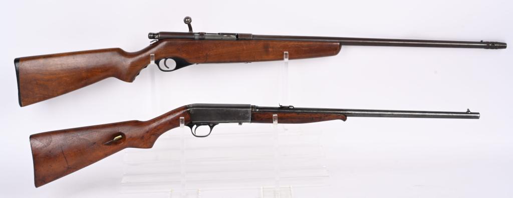 REMINGTON .22 RIFLE & MOSSBERG .410 SHOTGUN: 1. REMINGTON MODEL 24, SERIAL NUMBER 45193. BARREL 19". .22 Long Rifle. CONDITION 50% thin blue finish, crisp markings. Action works and walnut stocks have handling marks. 2. MOSSBERG MODEL 183D NSN. 