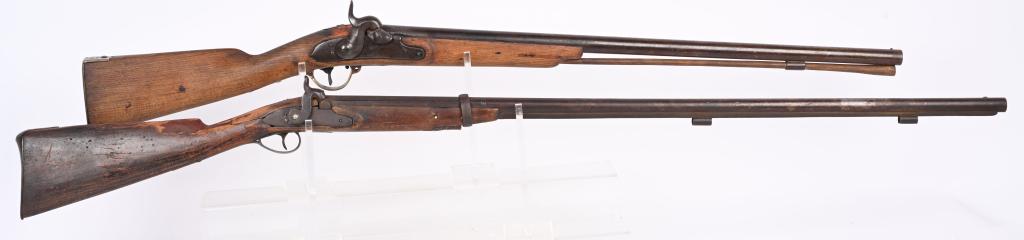2- ANTIQUE PERCUSSION SHOTGUNS: Lot includes a Model 1809 Prussian musket that was arsenal converted from flintlock to percussion and later sporterized into a shotgun. SN E6601. 30" barrel about 12 gauge with dark bore. Dated 1822 o