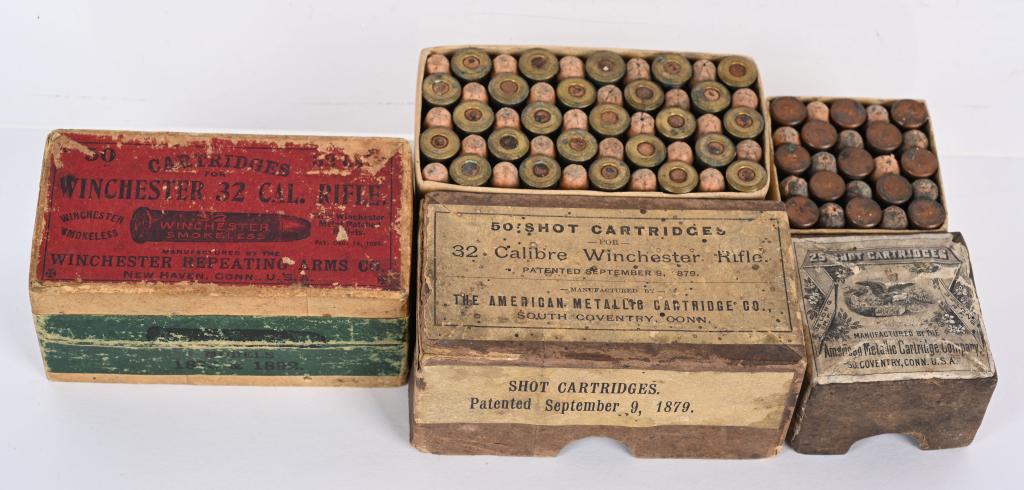 LOT (3) EARLY .32 CAL RIFLE AMMO FULL BOXES: A. Early eagle box of 25 -.32 Long RF shot ammo by American Metallic Cartridge Co. B. 1879 dated box of 50 .32 Winchester rifle shot cartridges by American Metallic Cartridge Co. C. Winchester red & g