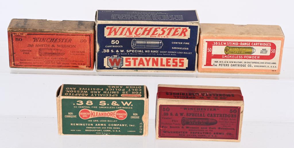 LOT (5) VINTAGE .38 AMMO: A. PETERS .38 S&W MID RANGE - 2-PC-FULL BOX B. WINCHESTER 38 SPECIAL - 2PC- FULL BOX - REAR SEAL INTACT C. WINCHESTER 38 SPL MID RANGE- 1 PC- FULL BOX D. REM UMC DOG BONE 38 S&W- 1PC-MISSING COUPLE RD
