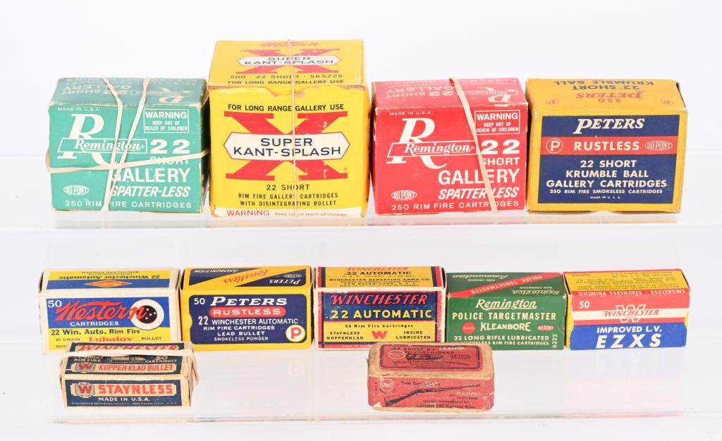 LG. LOT (11) BOXES VINTAGE .22 AMMO: All appear full, all 1-pc box except for Lesmok .22 short box which is 2-pc and still has original seal with picture of Remington Model 12 on side. B. Winchester EZXS C. Remington Police Targetmaster 